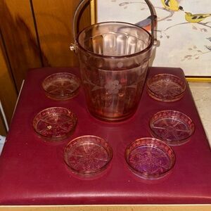 Vintage Pink depression Glass Ice Bucket with Coasters